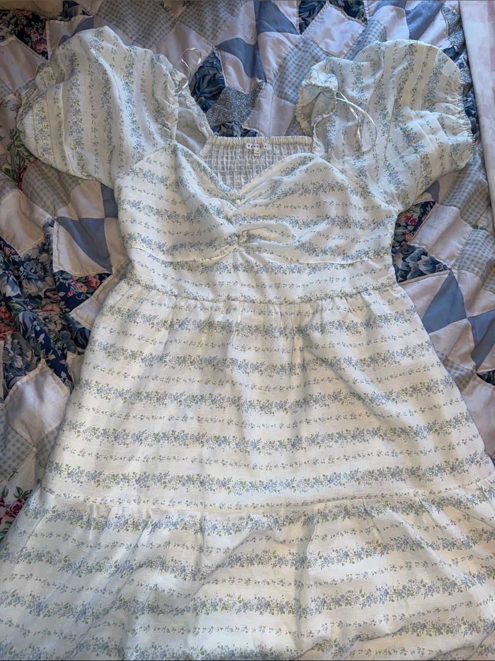 Puff-Sleeve Midi Dress in White and Light Blue Floral